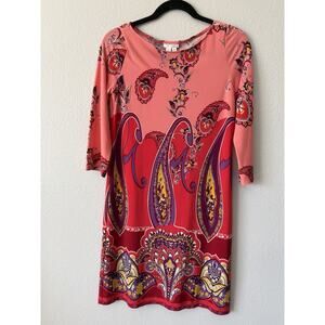 Paisley Sheath Knee Length Dress Pink/Red Scoop Neck 3/4 Sleeve S 10 Psychedelic